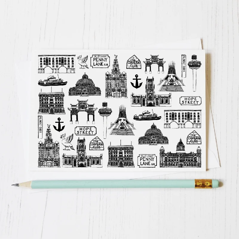 Liverpool illustrated black and white blank greeting blank card